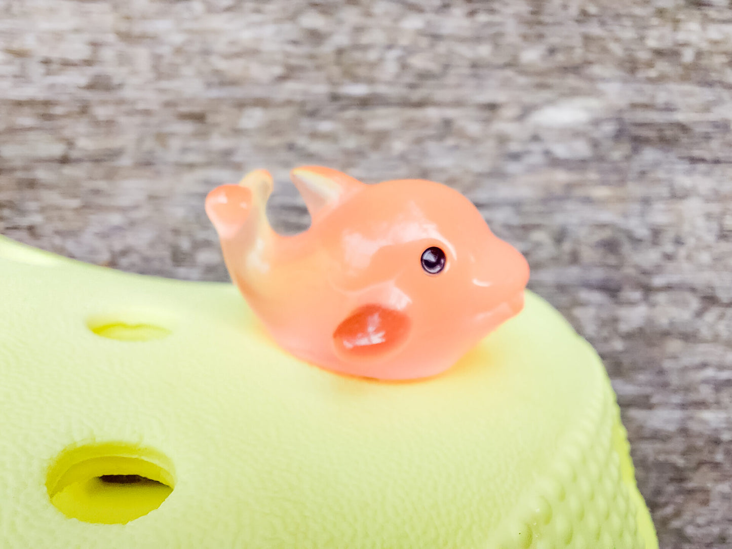 Six glow-in-the-dark dolphin charms in various pastel colors, including purple, pink, orange, green, blue, and white, are arranged on a yellow shoes shoe. The dolphins have tiny black eyes and wide grins, giving them a playful and cute appearance.