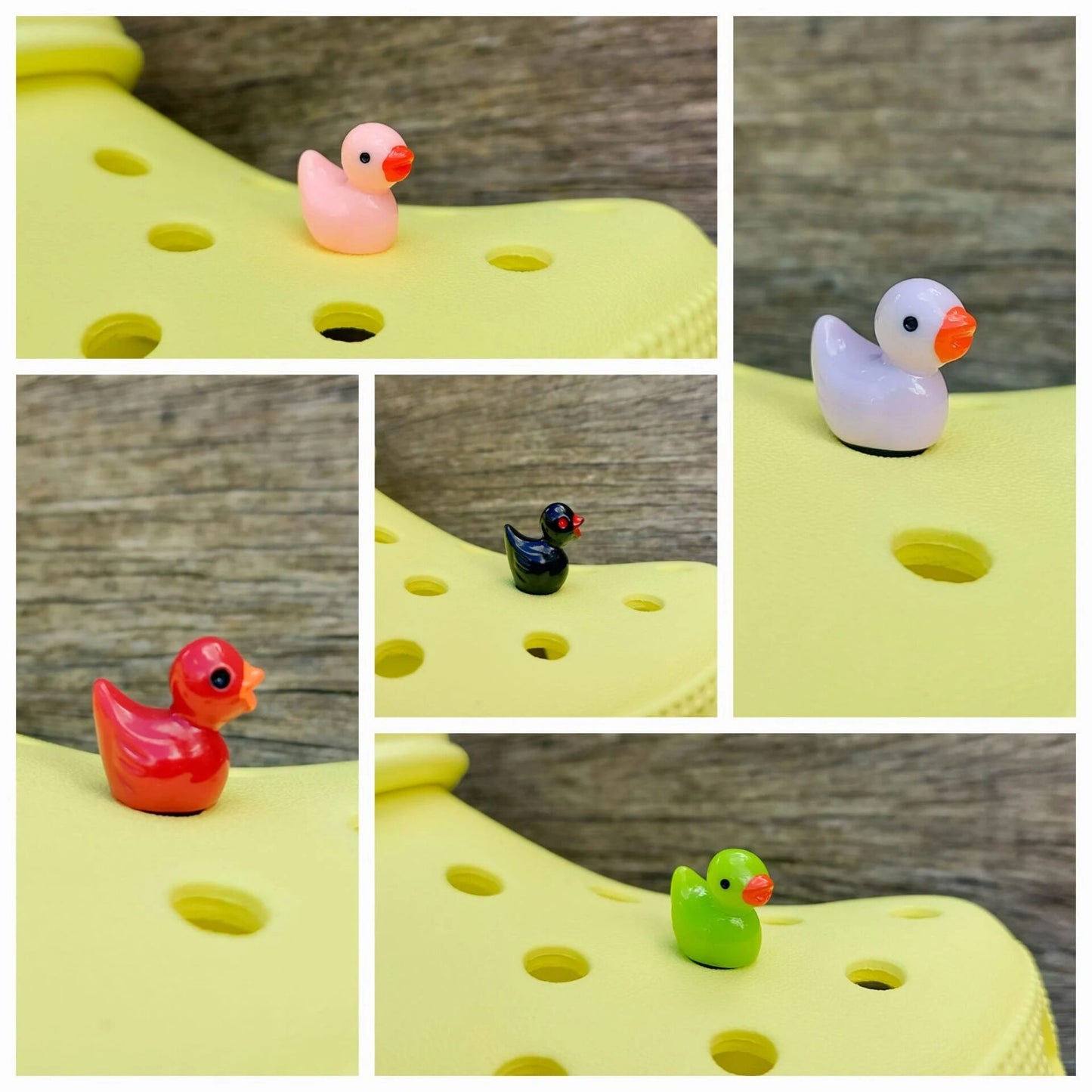 Colorful duck shoe charms on a pair of shoes shoes. The ducks resemble a rubber bath duckie.