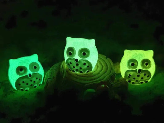 Glow-in-the-dark owl shoe charms featuring small, colorful owls with wide eyes and feathered details. These cute owls glow brightly in the dark, adding a magical and whimsical look to your shoes, perfect for those who love nocturnal creatures.