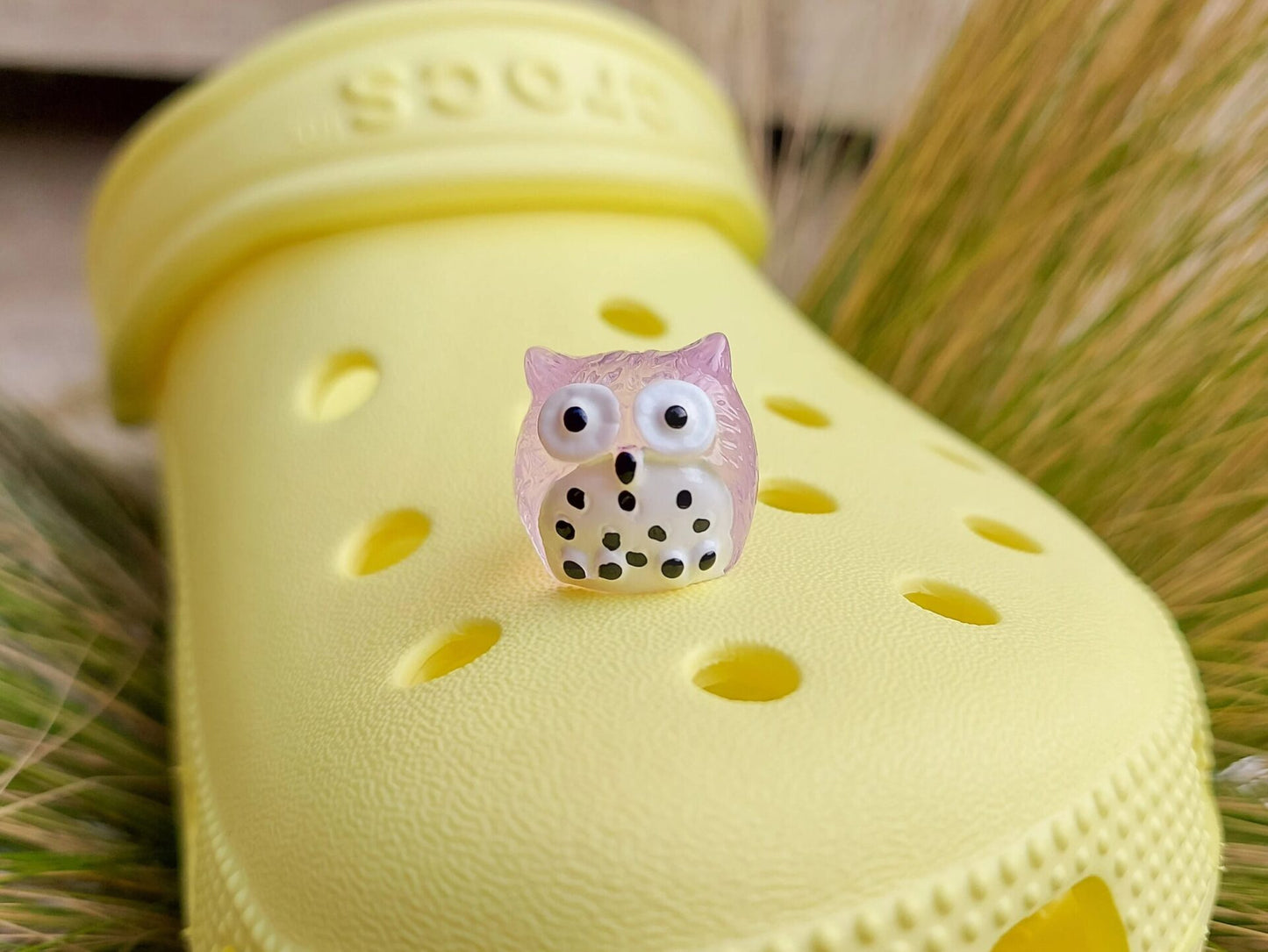 Glow-in-the-dark owl shoe charms featuring small, colorful owls with wide eyes and feathered details. These cute owls glow brightly in the dark, adding a magical and whimsical look to your shoes, perfect for those who love nocturnal creatures.