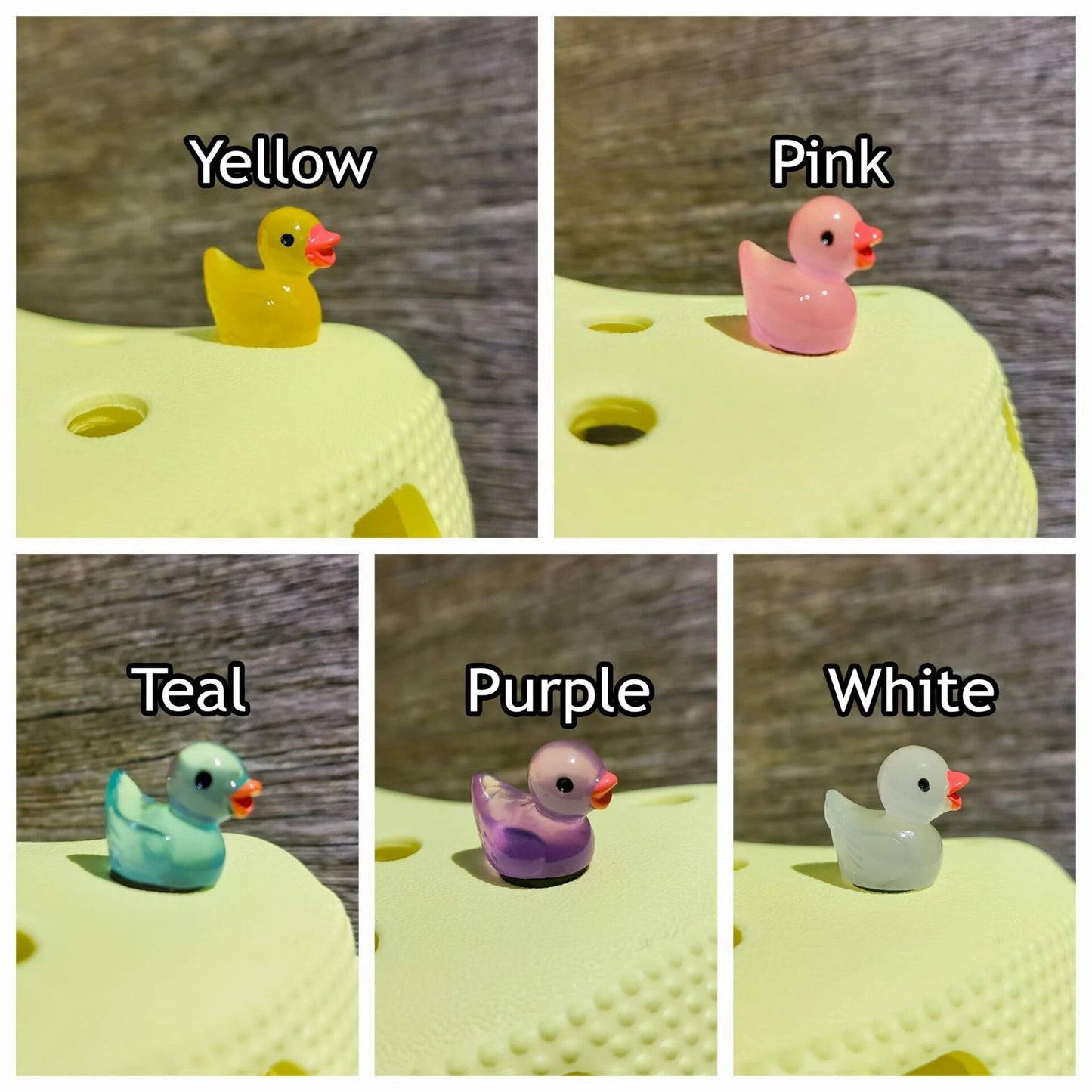 Glow in the dark duck shoe charms on a pair of shoes shoes. The ducks resemble a rubber bath duckie.