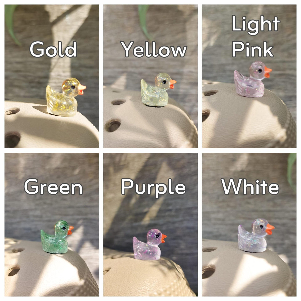 Close-up of glitter duck charms on a shoe shoe, featuring sparkling, glitter-coated duck designs. The charms are securely attached, adding a fun and eye-catching shimmer to the shoe with a playful, vibrant look."