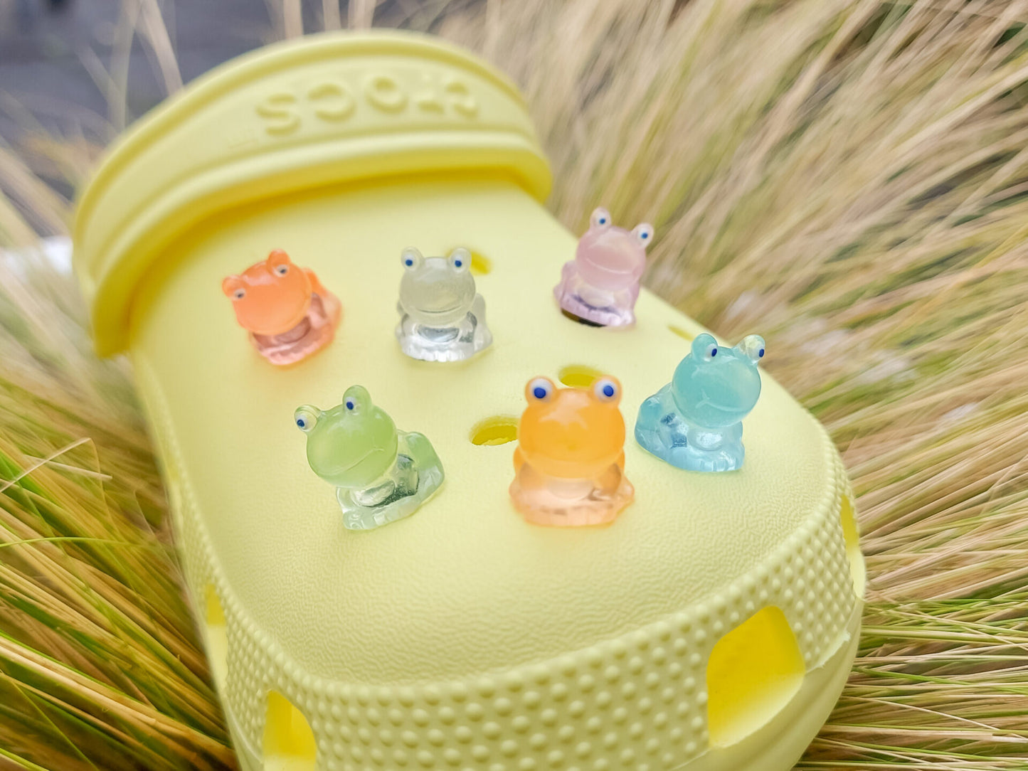 Glow-in-the-dark frog charms on a shoe shoe. These playful and luminous accessories add a fun, froggy touch to your footwear, making them perfect for customizing your shoes with a whimsical and adventurous vibe.