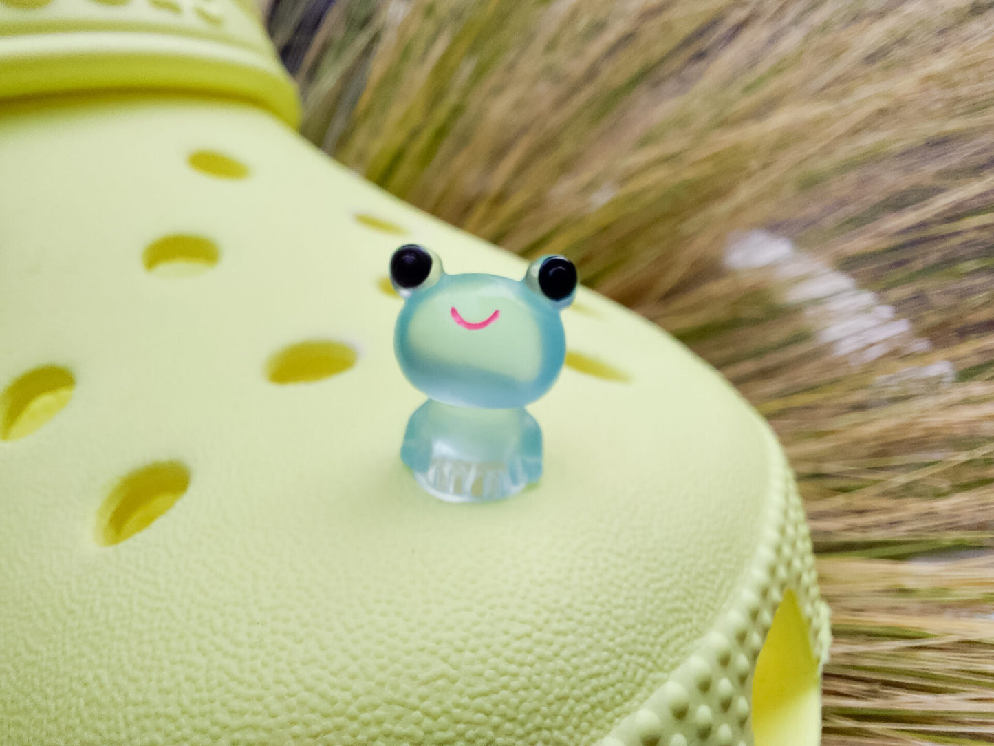 Glow-in-the-dark frog charms on a yellow shoes shoe. These playful and luminous accessories add a fun, froggy touch to your footwear, making them perfect for customizing your shoes with a whimsical and adventurous vibe.