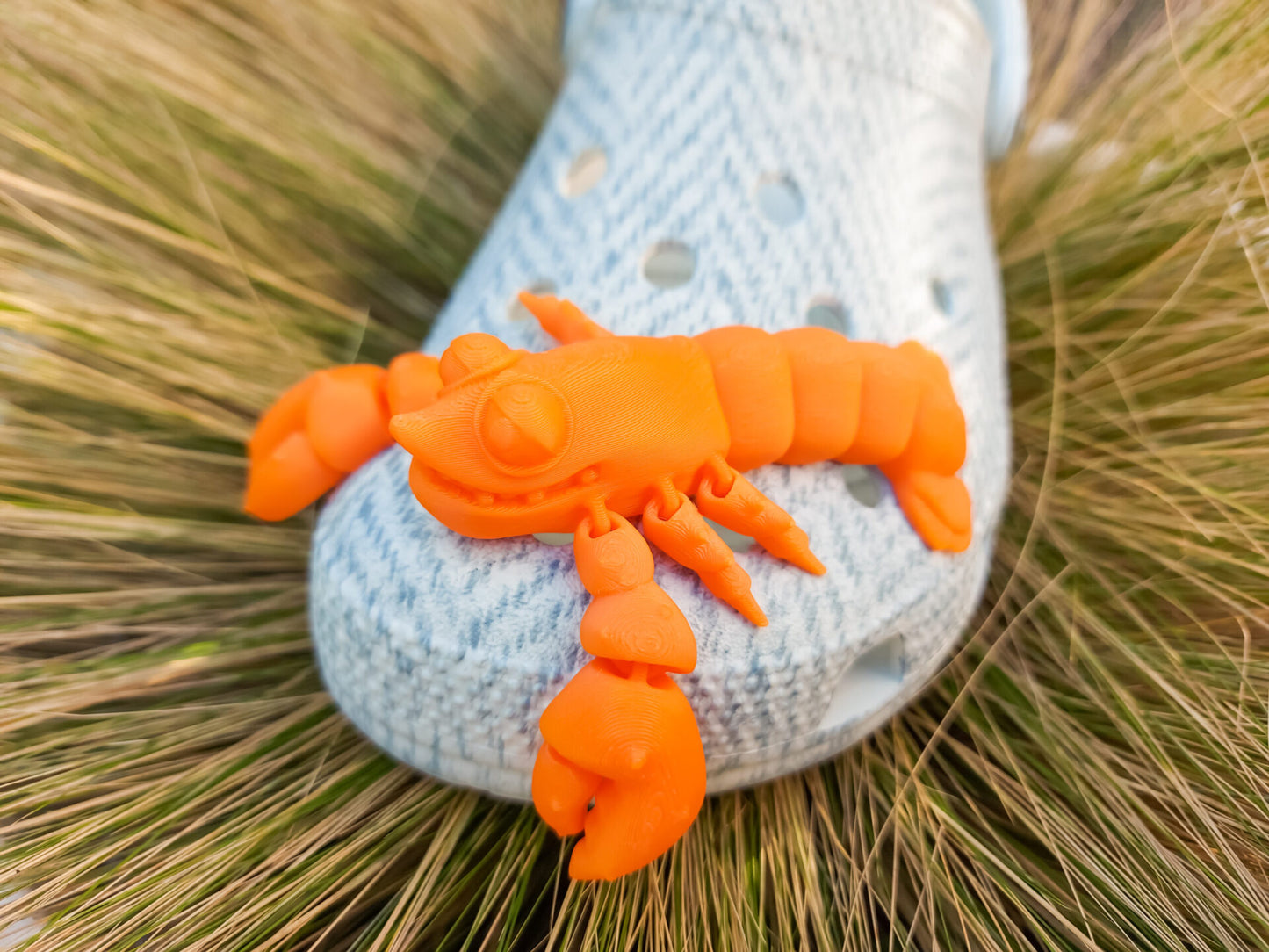 Colorful 3D printed flexi lobster charms in green, orange, yellow, and red, attached to shoes shoes. Each lobster has a segmented, flexible body and realistic details, adding a playful marine-inspired style to the shoes.