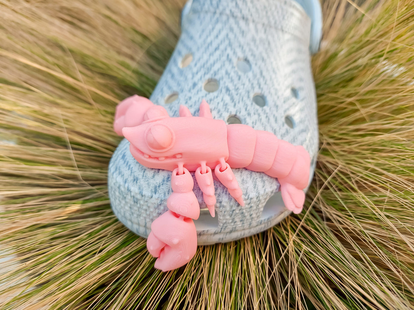 Colorful 3D printed flexi lobster charms in green, orange, yellow, and red, attached to shoes shoes. Each lobster has a segmented, flexible body and realistic details, adding a playful marine-inspired style to the shoes.