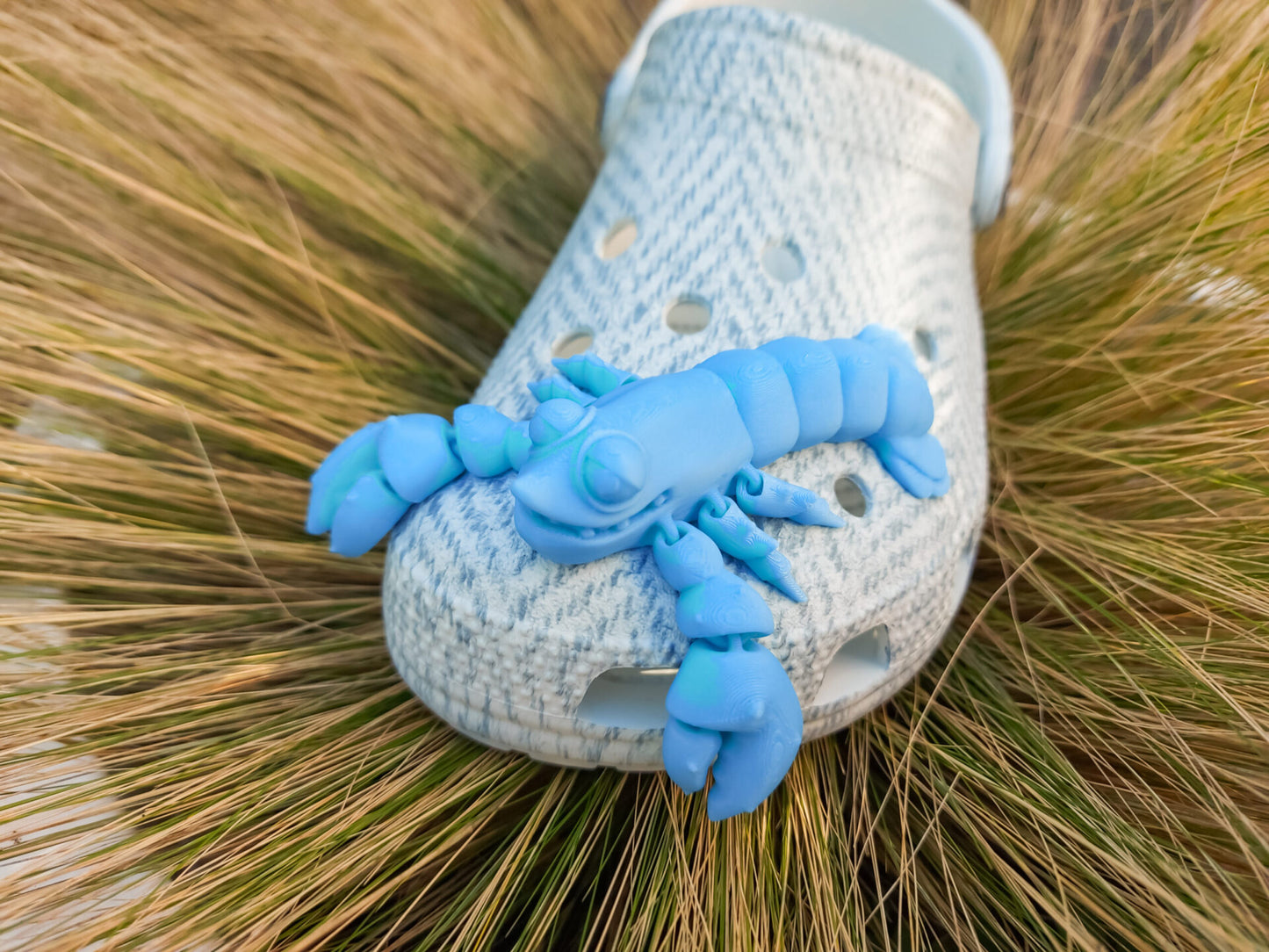 Colorful 3D printed flexi lobster charms in green, orange, yellow, and red, attached to shoes shoes. Each lobster has a segmented, flexible body and realistic details, adding a playful marine-inspired style to the shoes.