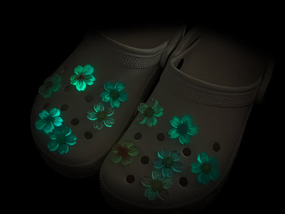 Glow-in-the-dark cherry blossom shoe charms in six colors—pink, dark pink, purple, blue, green, and orange—adding a soft, luminous effect to shoes with flower-themed elegance.
