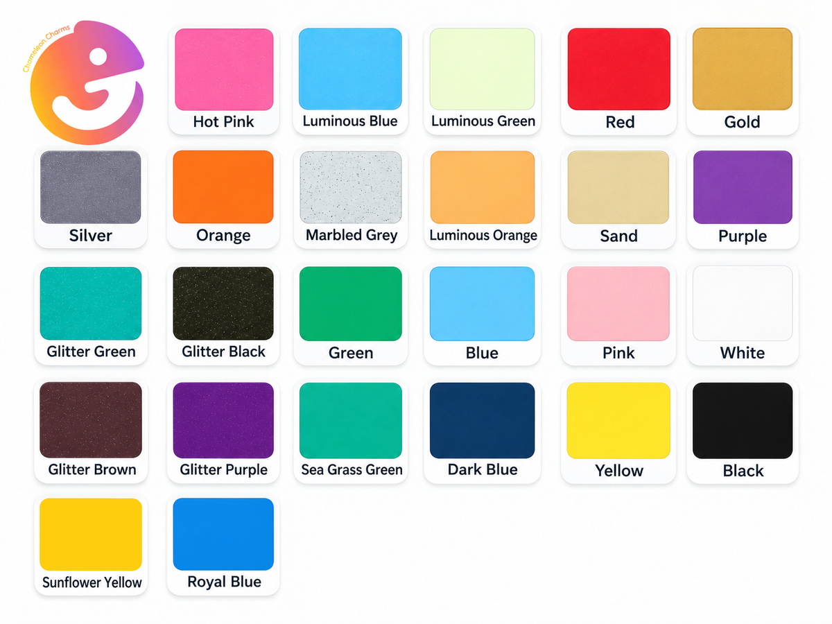 A color palette chart showing multiple labeled color swatches including Hot Pink, Luminous Blue, Luminous Green, Red, Gold, Silver, Orange, Marbled Grey, Luminous Orange, Sand, Purple, Glitter Green, Glitter Black, Green, Blue, Pink, White, Glitter Brown, Glitter Purple, Sea Grass Green, Dark Blue, Yellow, Black, Sunflower Yellow, and Royal Blue.