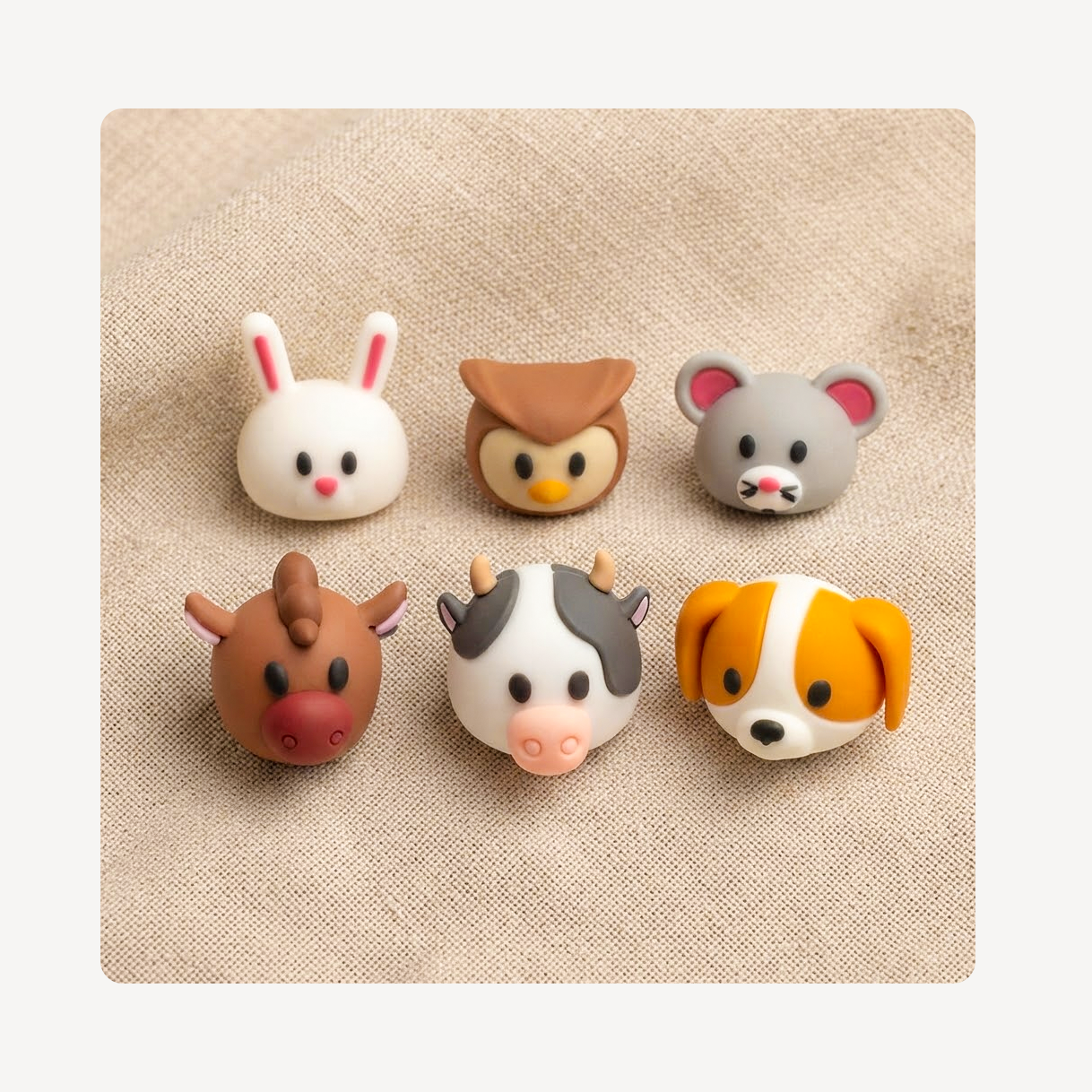 Six small animal-shaped clog charms arranged in two rows on a beige textured fabric background. The animals include a white bunny, a brown owl, a gray mouse, a brown cow, a black-and-white cow, and a white-and-orange dog.