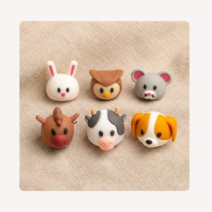 Six small animal-shaped clog charms arranged in two rows on a beige textured fabric background. The animals include a white bunny, a brown owl, a gray mouse, a brown cow, a black-and-white cow, and a white-and-orange dog.