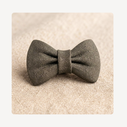 A small bow tie-shaped clog charm in a textured black plastic material, centered on a beige woven surface.