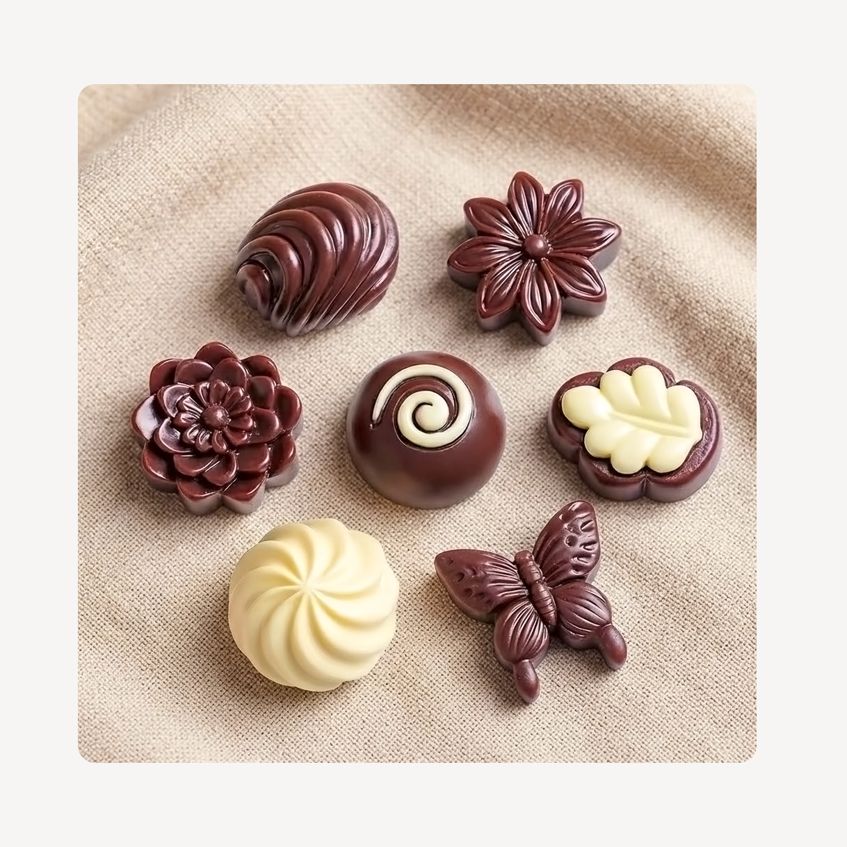 Six assorted chocolate clog charms  arranged on a beige fabric background, including dark chocolate pieces with floral, swirl, and butterfly designs, plus one pale cream-colored chocolate.