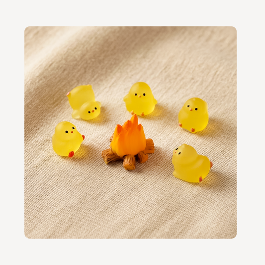 Five small translucent yellow chick  clog charms with simple black eyes and red feet are arranged around a tiny orange campfire on a beige textured fabric background.