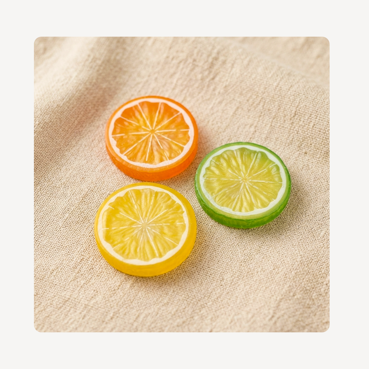 Three round fruit slice clog charms shaped like orange, yellow lemon, and green lime slices, arranged on a beige textured fabric background.