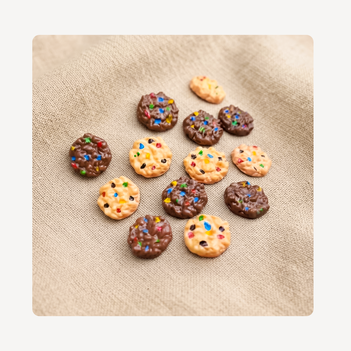 A group of chocolate chip cookie clog charms arranged on a textured beige fabric background.