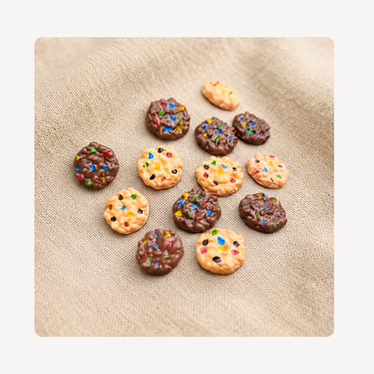 A group of chocolate chip cookie clog charms arranged on a textured beige fabric background.