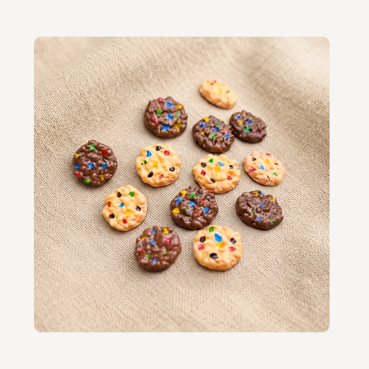 A group of chocolate chip cookie clog charms arranged on a textured beige fabric background.