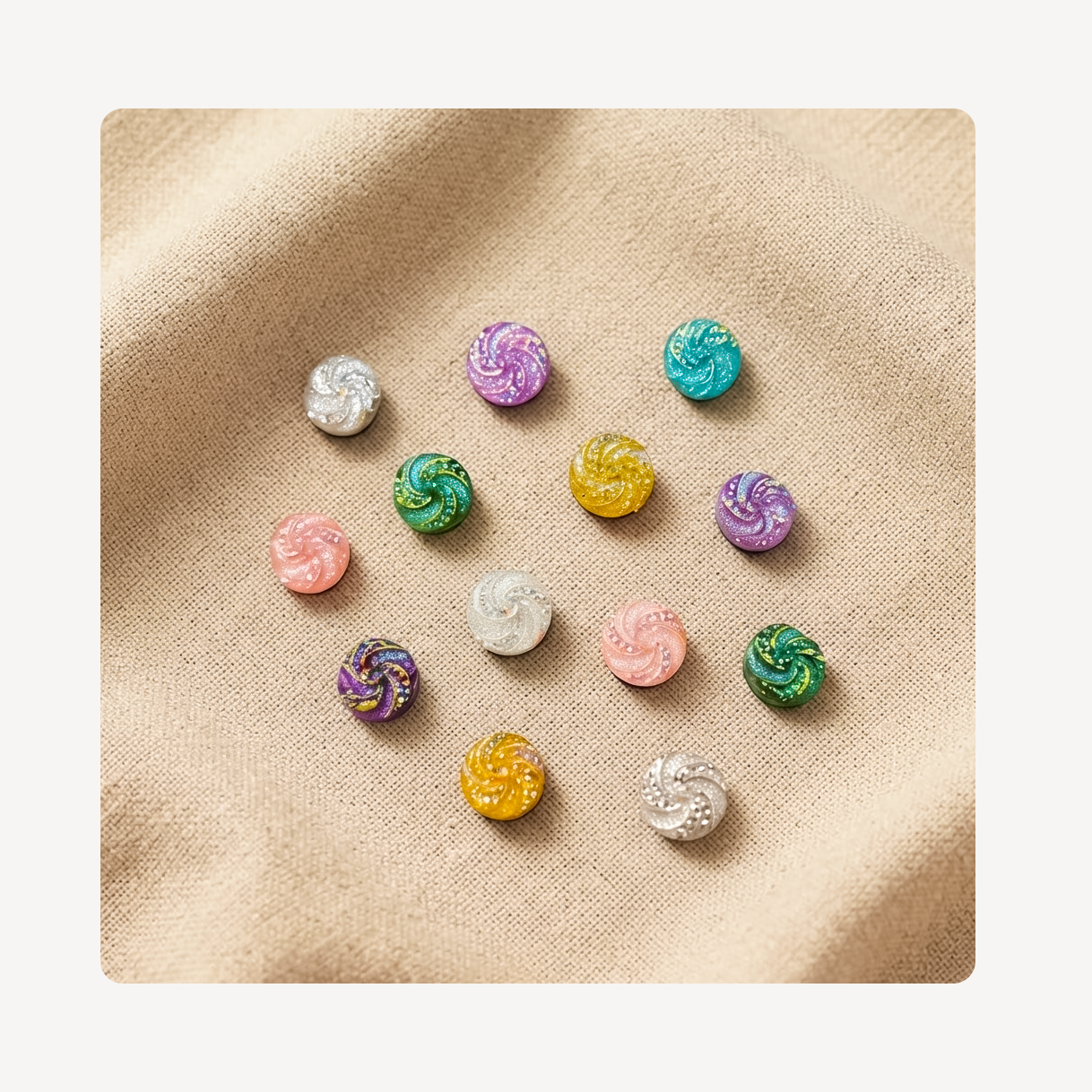 Thirteen small spiral-shaped craft  clog charms in assorted pastel and glitter colors, arranged in a circle on a beige textured fabric background.