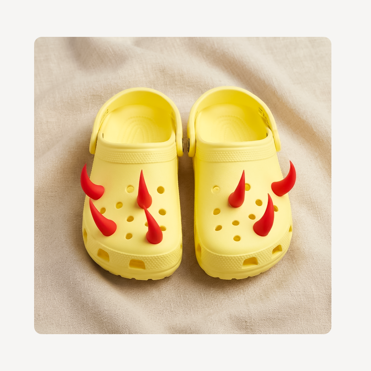 A pair of yellow clog-style sandals with red horn clog charms, photographed from above on a beige fabric background.