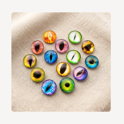 Twelve colorful round eye-shaped clog charms arranged in a circle on a beige textured fabric background.