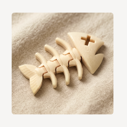 A light fish skeleton clog charm resting on a textured beige fabric background.