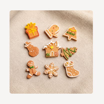Nine small gingerbread-themed clog charms arranged on a beige fabric background, including a gift box, mitten, Christmas tree, snowman, house, Christmas tree, gingerbread man, snowflake, and stocking.