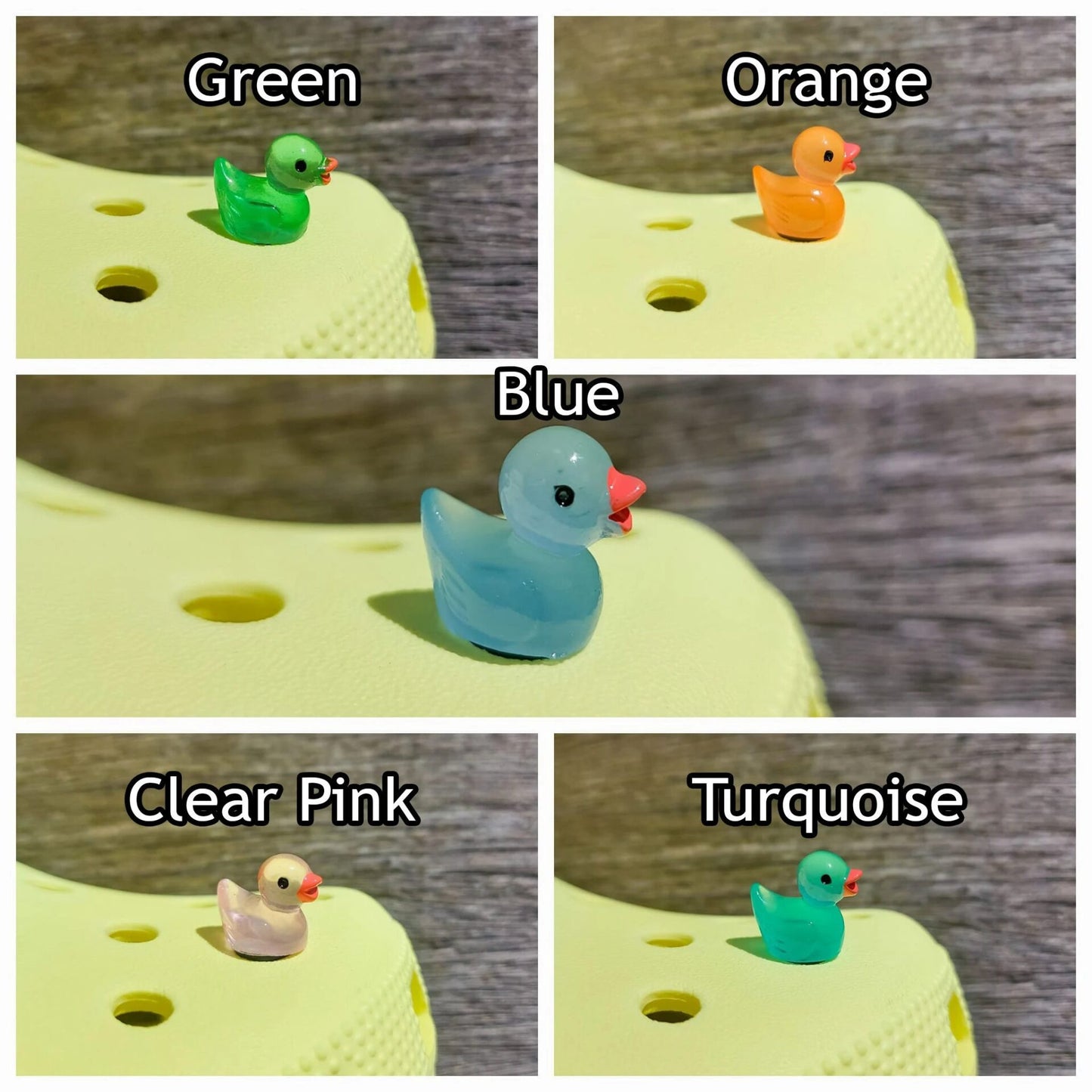 Glow in the dark duck shoe charms on a pair of shoes shoes. The ducks resemble a rubber bath duckie.
