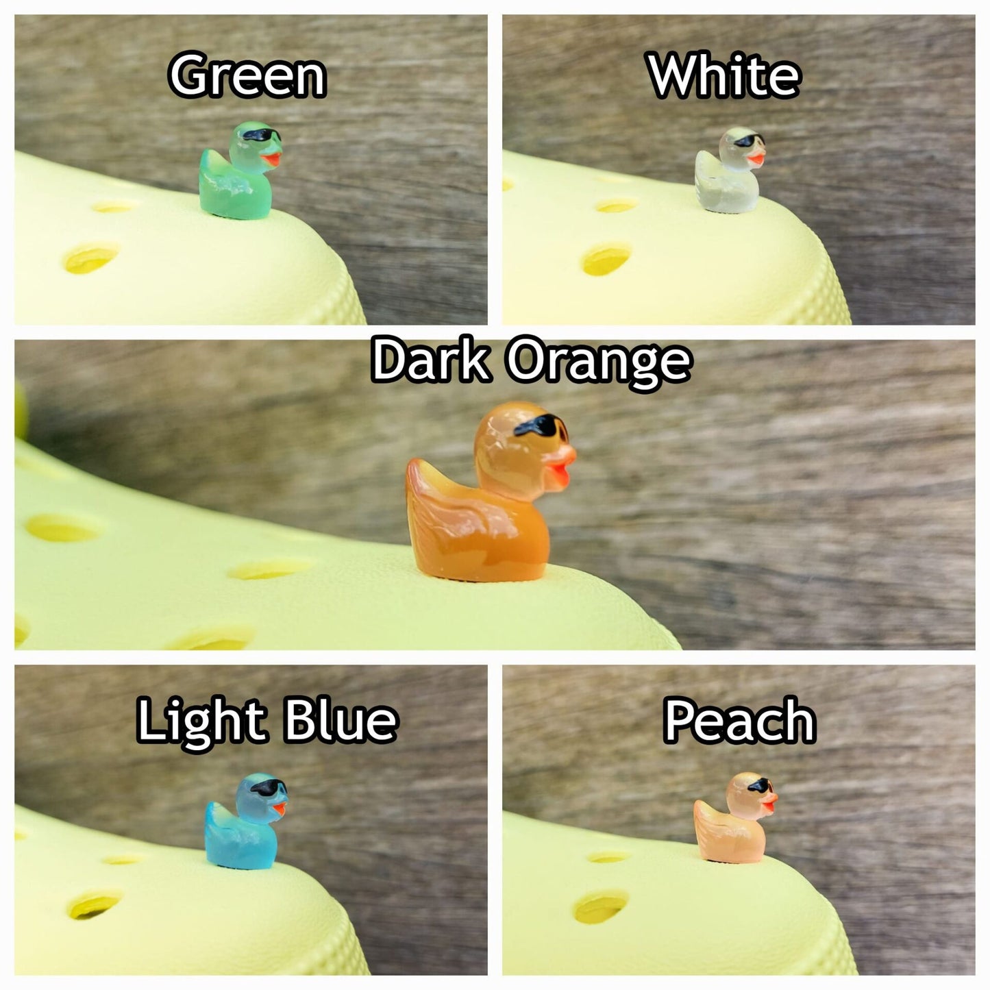 Glow-in-the-dark shoe charms shaped like cool ducks wearing sunglasses. These vibrant ducks come to life in the dark, glowing in neon shades while their tiny black sunglasses add a playful, stylish touch to your shoes.