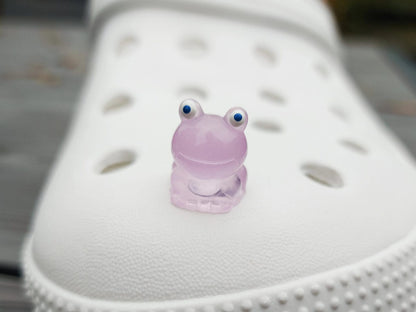 Glow-in-the-dark frog charms on a shoe shoe. These playful and luminous accessories add a fun, froggy touch to your footwear, making them perfect for customizing your shoes with a whimsical and adventurous vibe.