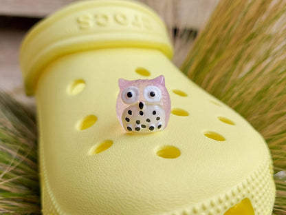 Glow-in-the-dark owl shoe charms featuring small, colorful owls with wide eyes and feathered details. These cute owls glow brightly in the dark, adding a magical and whimsical look to your shoes, perfect for those who love nocturnal creatures.