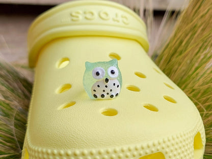 Glow-in-the-dark owl shoe charms featuring small, colorful owls with wide eyes and feathered details. These cute owls glow brightly in the dark, adding a magical and whimsical look to your shoes, perfect for those who love nocturnal creatures.