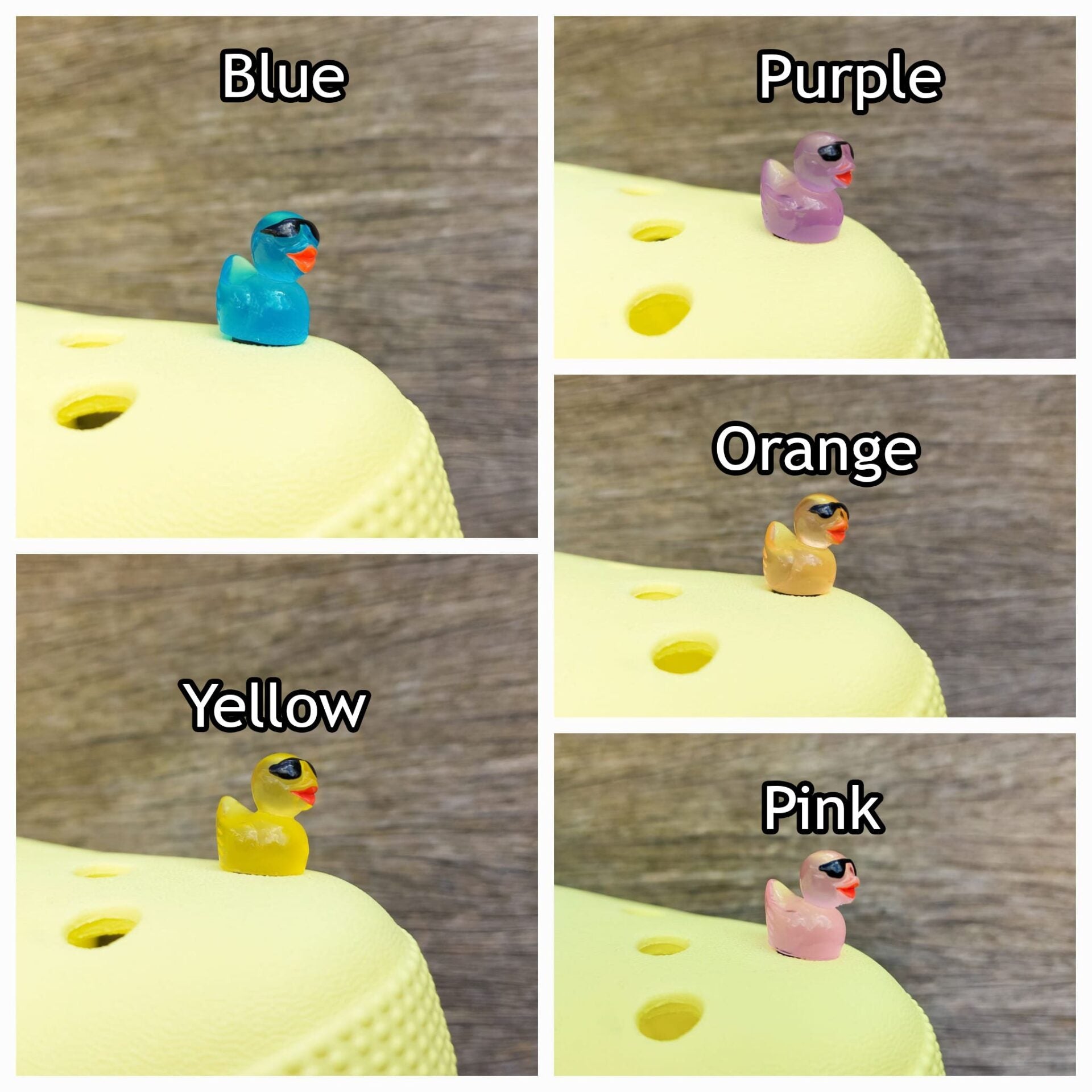 Glow-in-the-dark shoe charms shaped like cool ducks wearing sunglasses. These vibrant ducks come to life in the dark, glowing in neon shades while their tiny black sunglasses add a playful, stylish touch to your shoes.