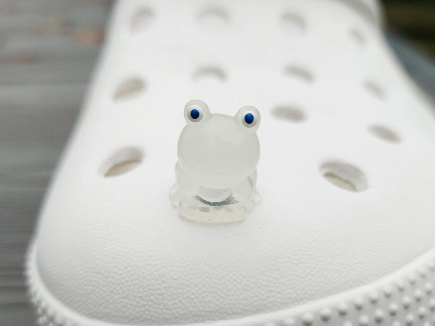Glow-in-the-dark frog charms on a shoe shoe. These playful and luminous accessories add a fun, froggy touch to your footwear, making them perfect for customizing your shoes with a whimsical and adventurous vibe.
