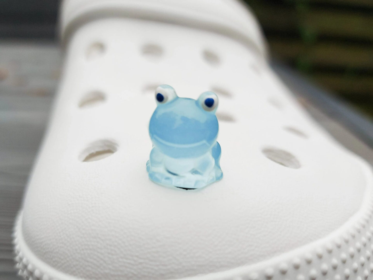 Glow-in-the-dark frog charms on a shoe shoe. These playful and luminous accessories add a fun, froggy touch to your footwear, making them perfect for customizing your shoes with a whimsical and adventurous vibe.
