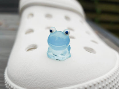 Glow-in-the-dark frog charms on a shoe shoe. These playful and luminous accessories add a fun, froggy touch to your footwear, making them perfect for customizing your shoes with a whimsical and adventurous vibe.