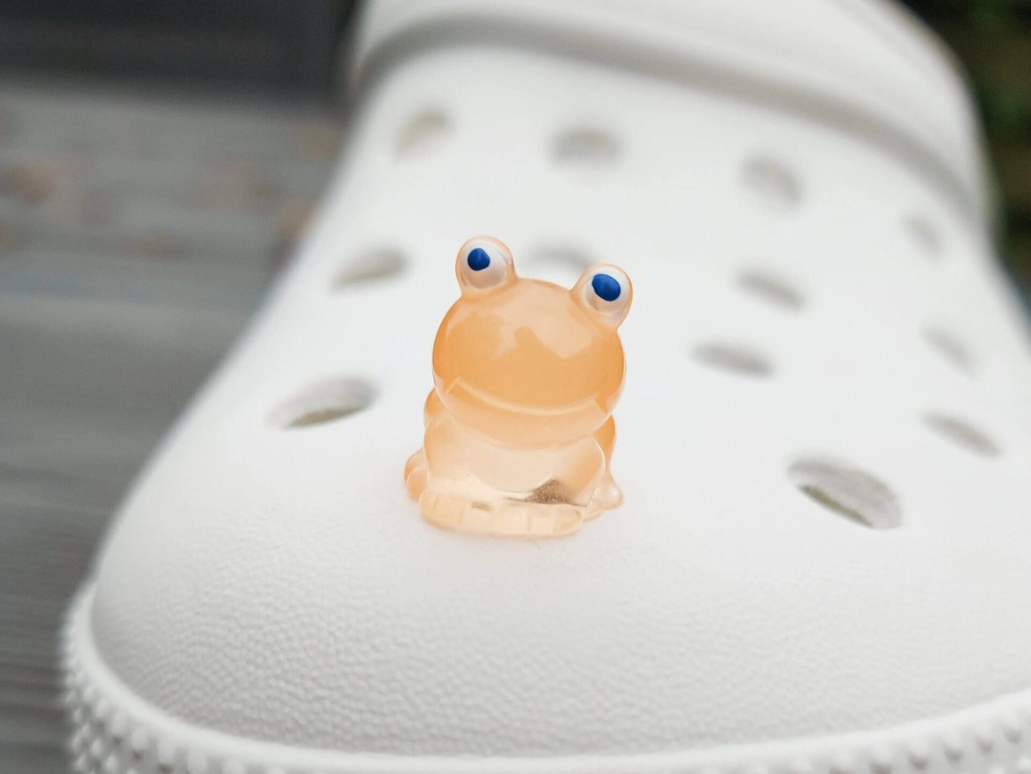 Glow-in-the-dark frog charms on a shoe shoe. These playful and luminous accessories add a fun, froggy touch to your footwear, making them perfect for customizing your shoes with a whimsical and adventurous vibe.