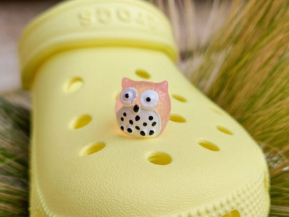 Glow-in-the-dark owl shoe charms featuring small, colorful owls with wide eyes and feathered details. These cute owls glow brightly in the dark, adding a magical and whimsical look to your shoes, perfect for those who love nocturnal creatures.