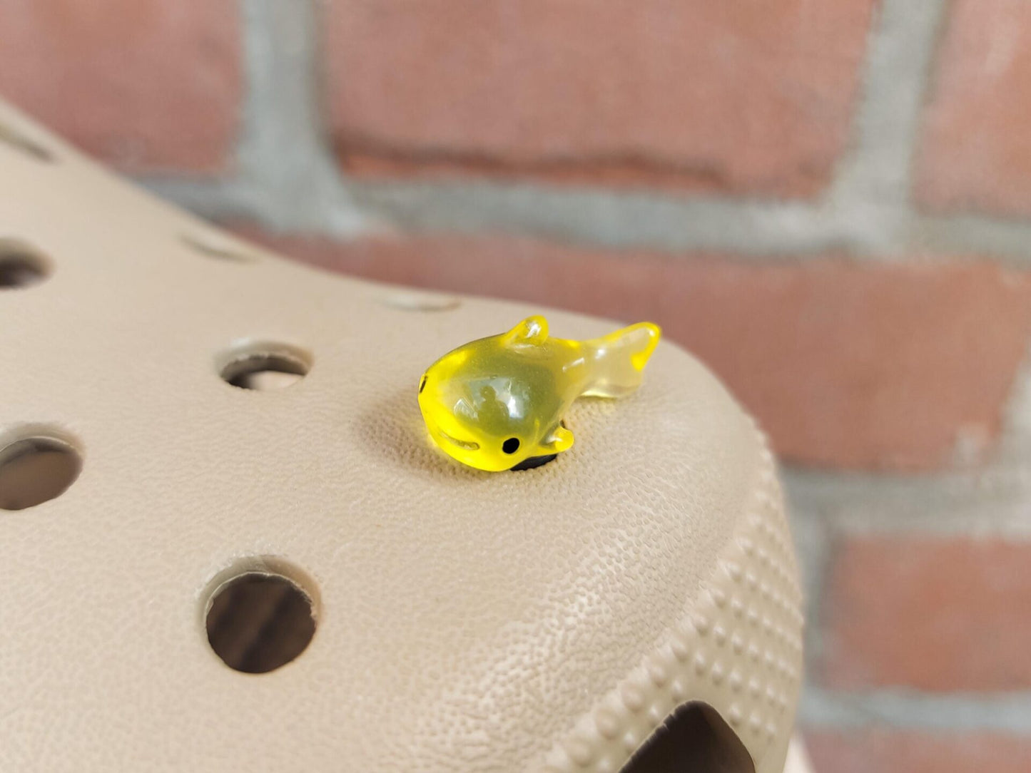 Close-up of glow-in-the-dark shark charms on a shoe shoe, showcasing their detailed design and soft, glowing effect. The sharks are securely attached, and their luminous feature adds a fun, ocean-inspired touch to the shoe in a dark setting.