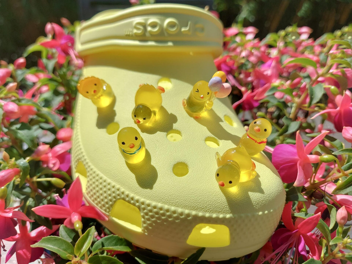 Set of glow in the dark duck charms on a white shoes shoe. All 5 of these ducks each have unique positions and features such as lying down, sitting and holding a bundle of colorful balloons.