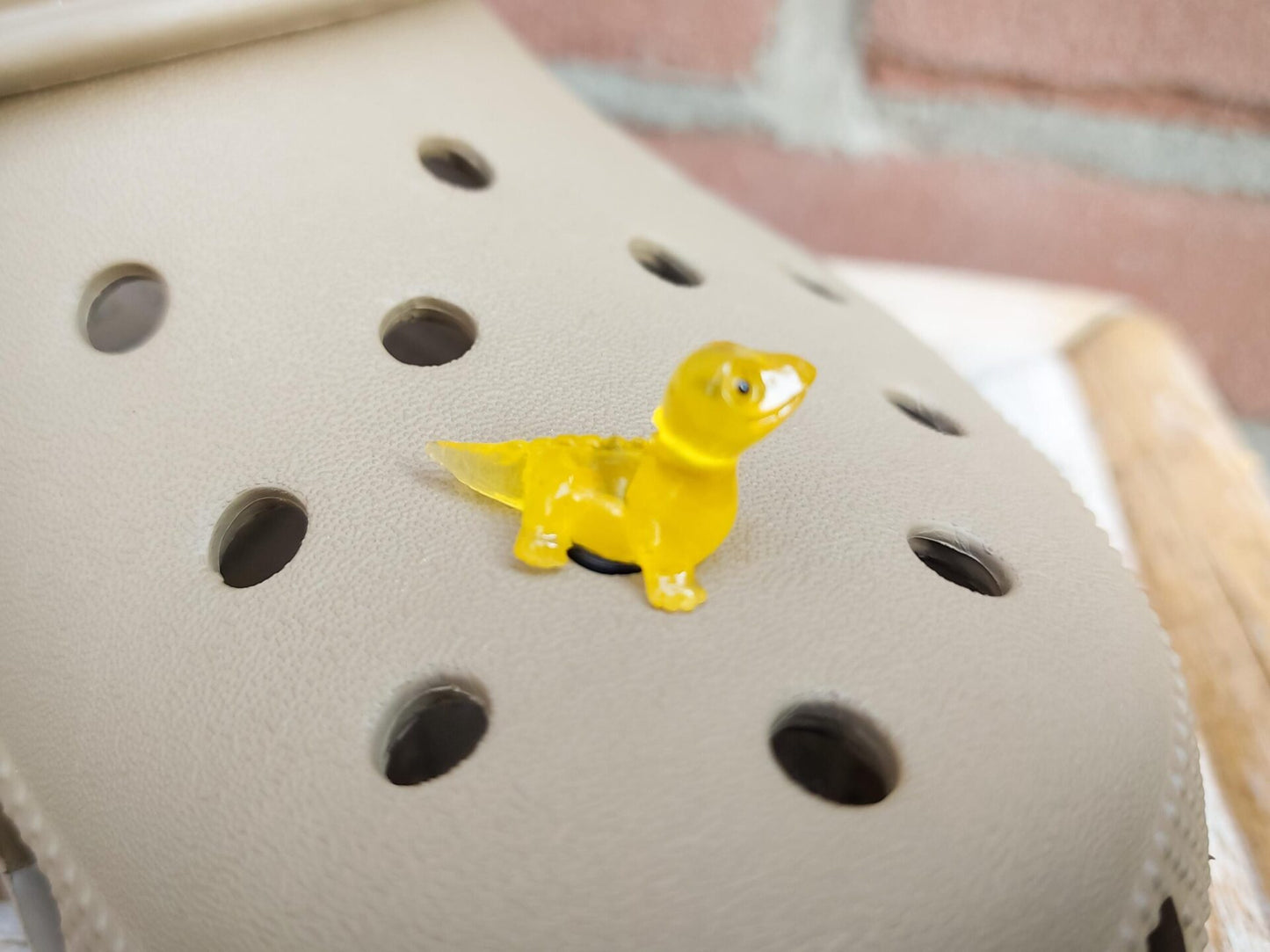 A set of vibrant glow-in-the-dark lizard charms attached to a pair of shoes, featuring tiny, detailed geckos in various colors. These charms, glowing softly in low light, bring a playful and adventurous vibe, perfect for adding a wild touch.