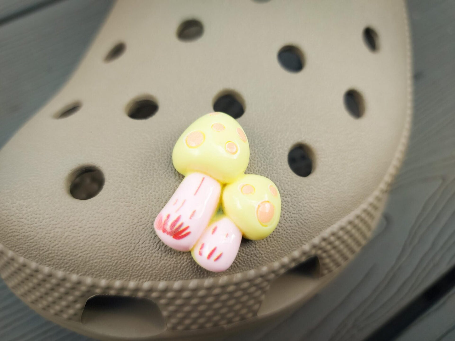 Close-up of forest mushroom charms on a shoe shoe, featuring detailed mushroom designs. The charms are securely attached, adding a whimsical, woodland touch to the shoe with a vibrant, nature-inspired look.