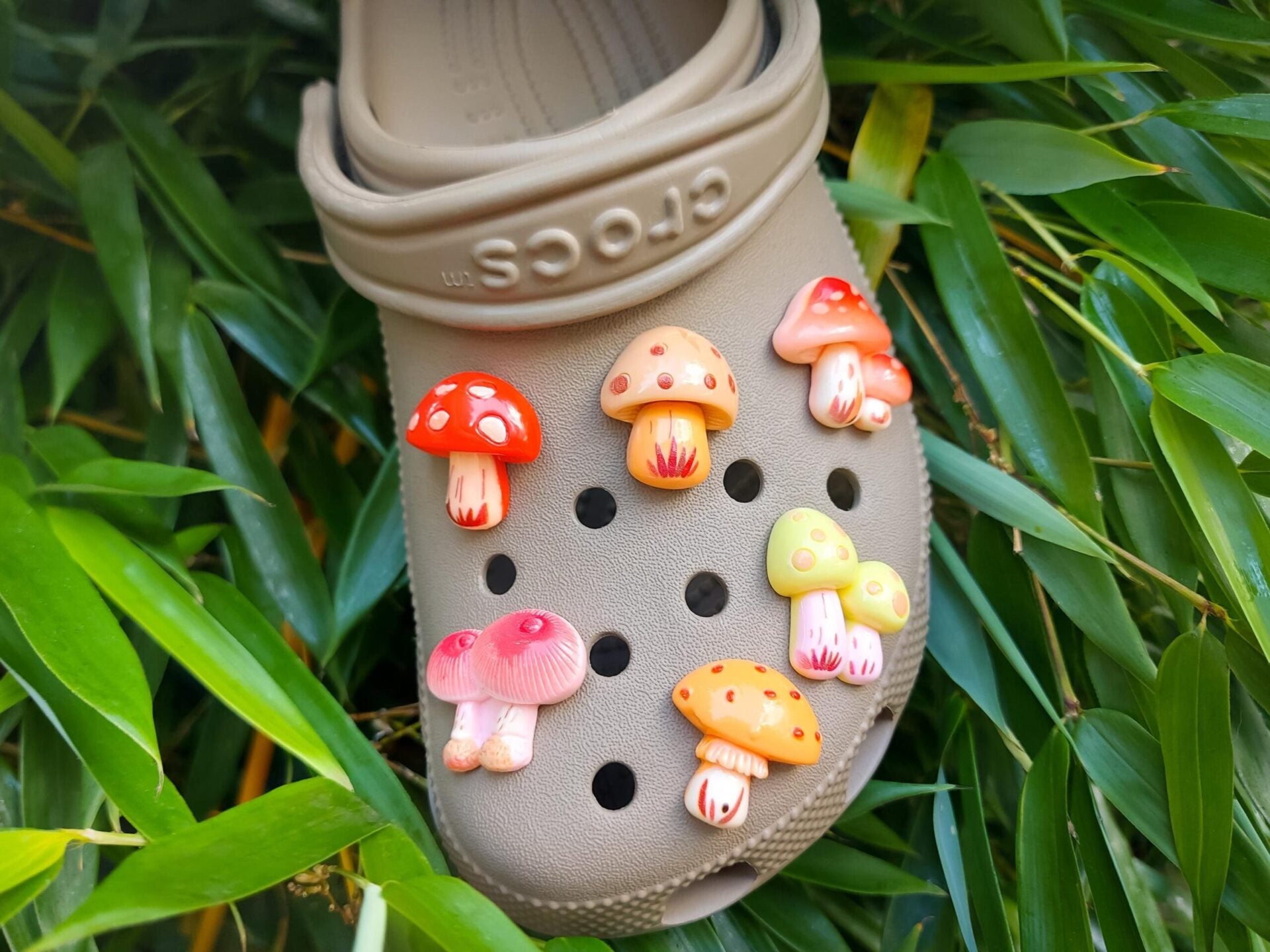 Close-up of forest mushroom charms on a shoe shoe, featuring detailed mushroom designs. The charms are securely attached, adding a whimsical, woodland touch to the shoe with a vibrant, nature-inspired look.