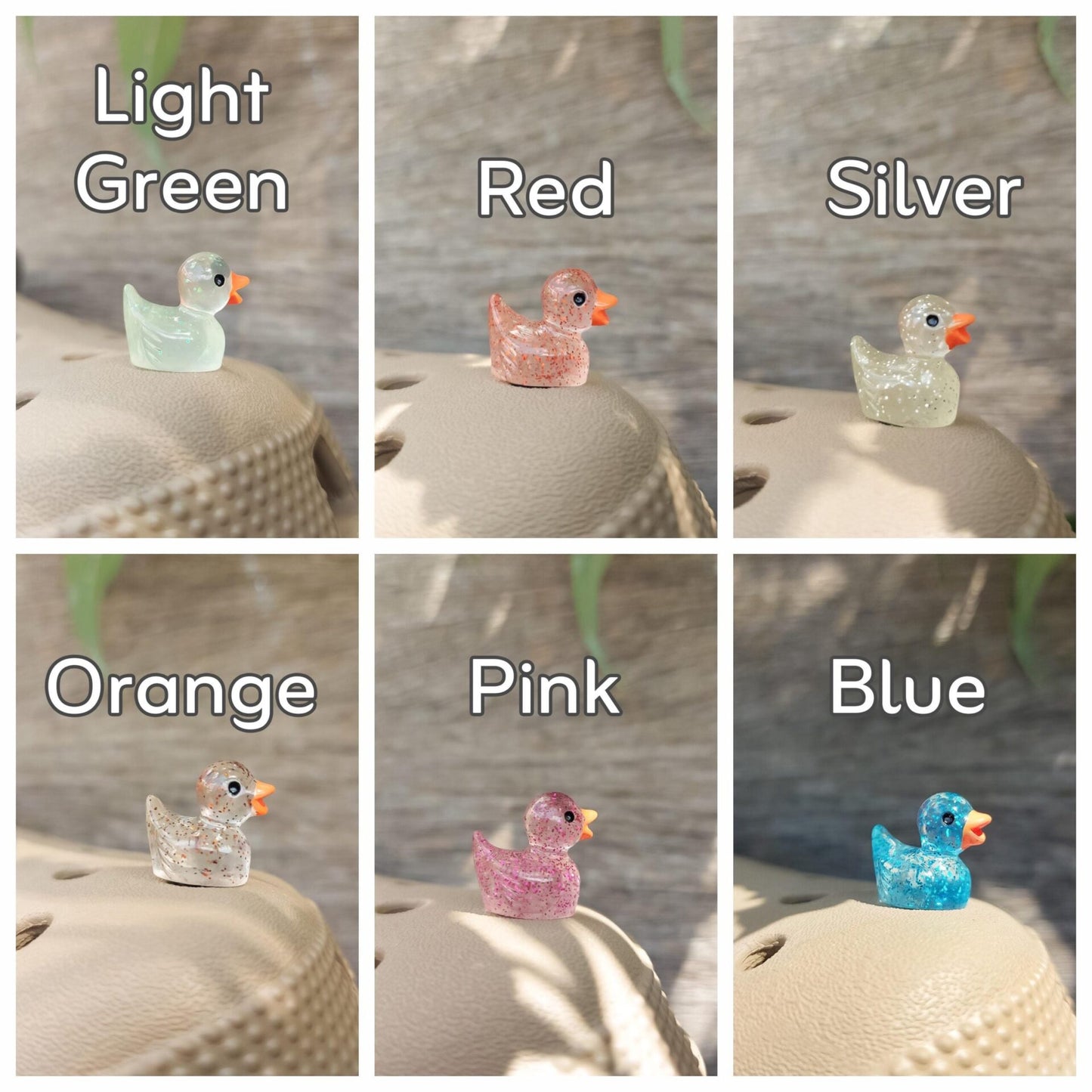 Close-up of glitter duck charms on a shoe shoe, featuring sparkling, glitter-coated duck designs. The charms are securely attached, adding a fun and eye-catching shimmer to the shoe with a playful, vibrant look."