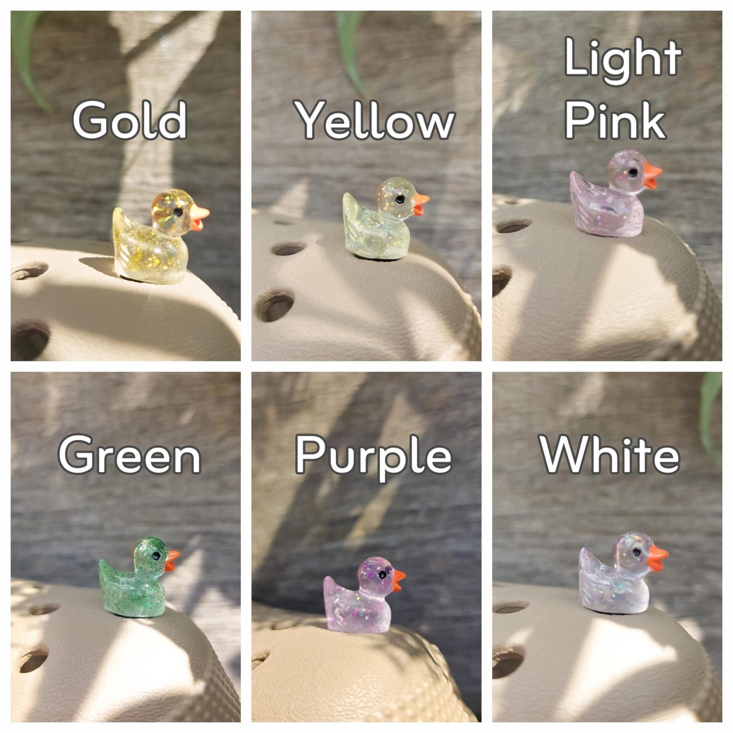 Close-up of glitter duck charms on a shoe shoe, featuring sparkling, glitter-coated duck designs. The charms are securely attached, adding a fun and eye-catching shimmer to the shoe with a playful, vibrant look."