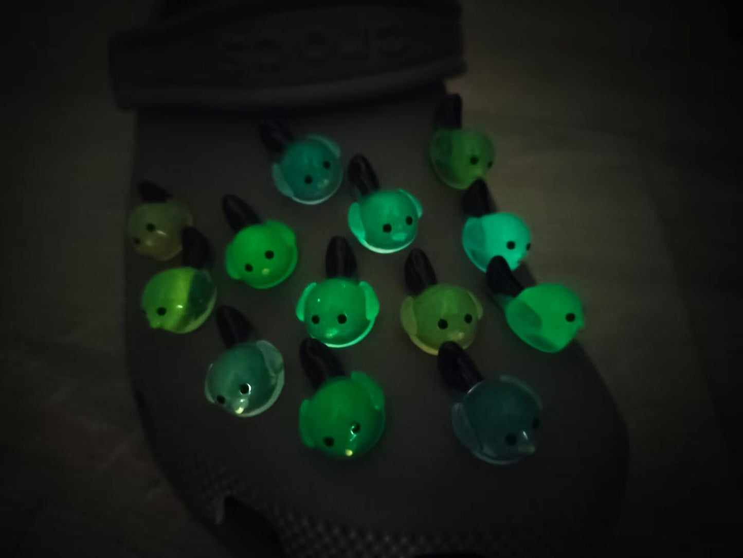 Taupe-colored shoe shoe adorned with glow-in-the-dark bird charms. Each charm features a small, round bird with a beak and black wings, glowing softly in various colors. The shoe is positioned outdoors against a backdrop of green foliage.