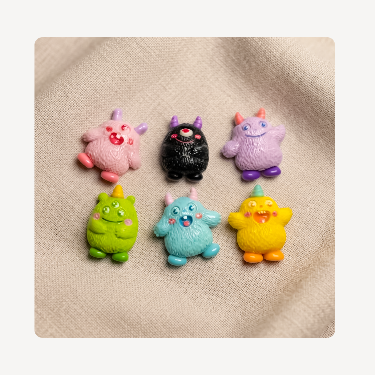 Six small colorful monster clog charms arranged in two rows on a beige textured fabric background.