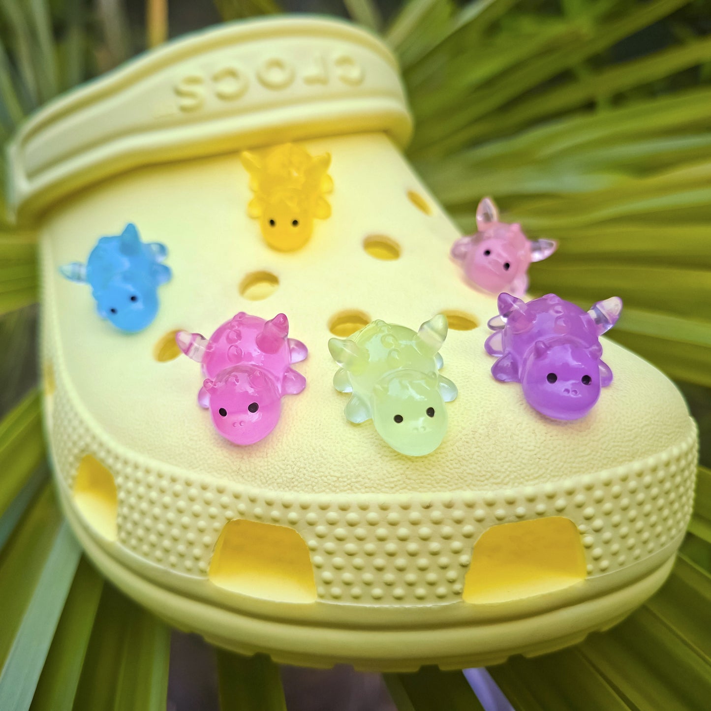 A pale yellow Croc-style clog shoe displayed outdoors on green palm leaves, with six small translucent dragon charms in blue, yellow, pink, green, purple, and light pink resting on the upper.