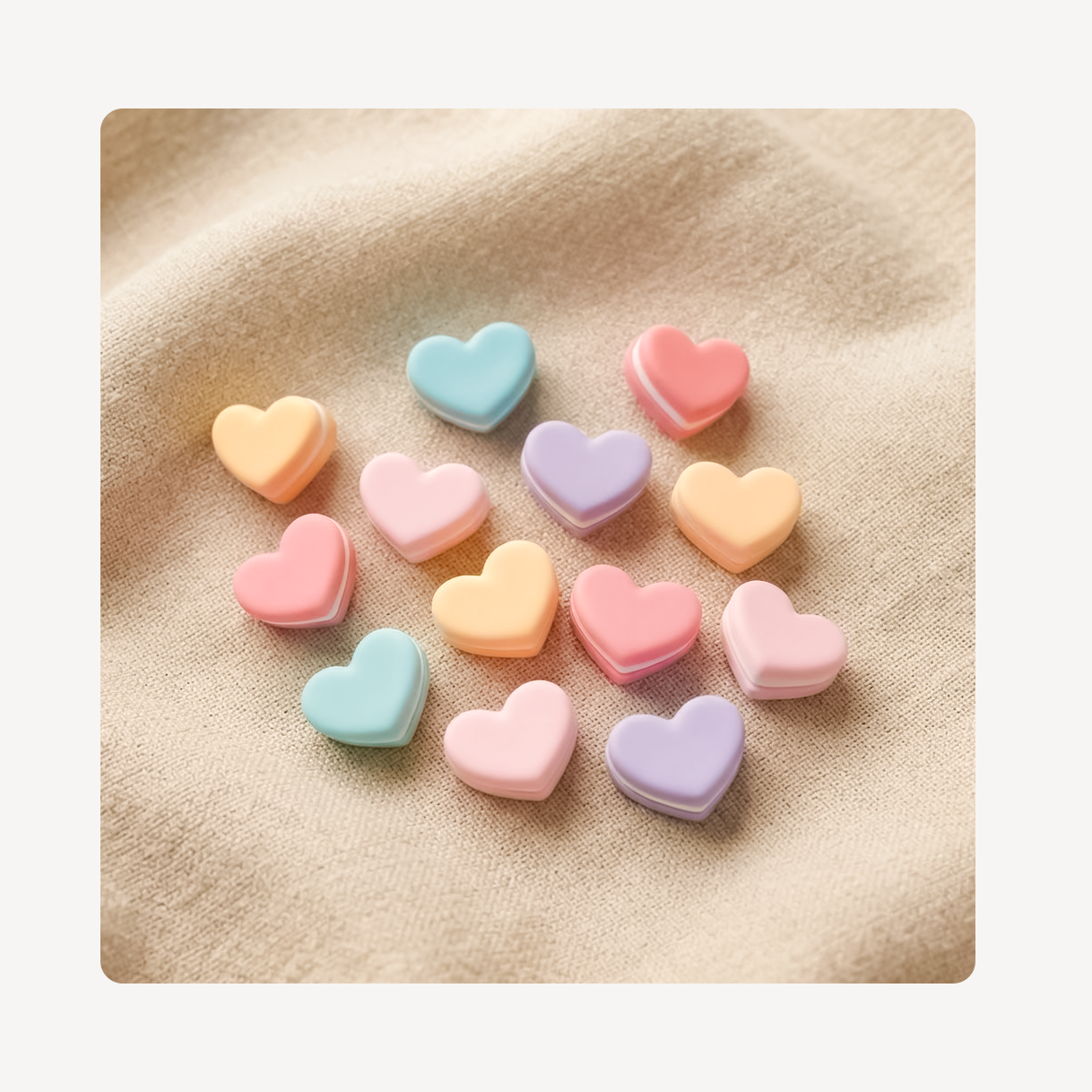 A group of small pastel heart-shaped macaron clog charms arranged on a soft beige fabric background.