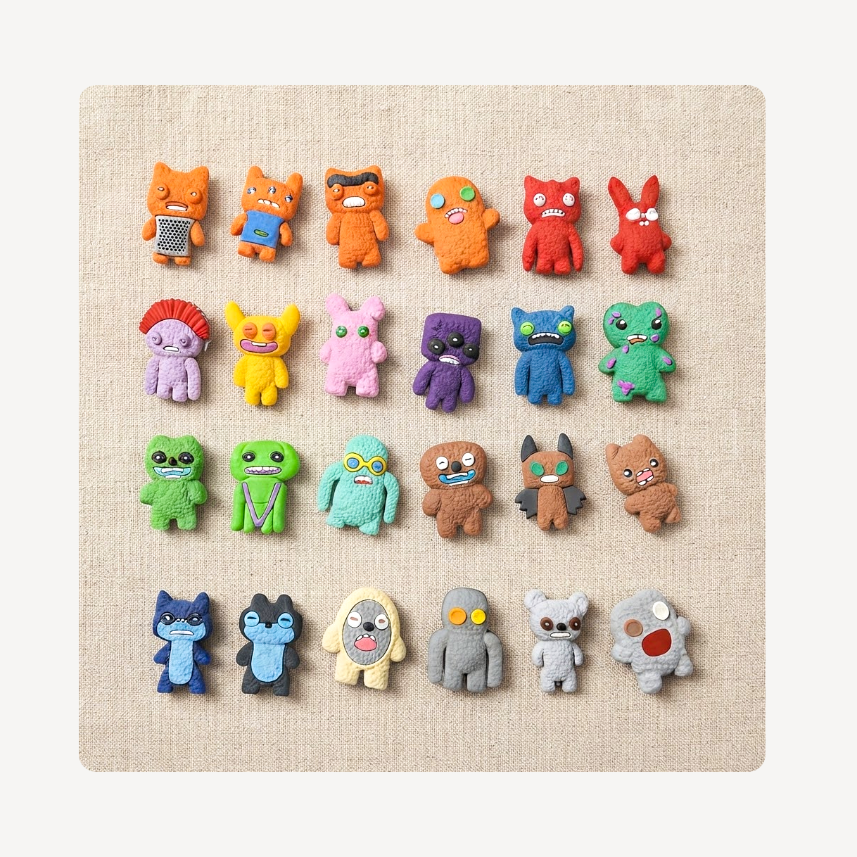 A set of colorful monster and creature clog charms arranged in rows on a square beige fabric background.